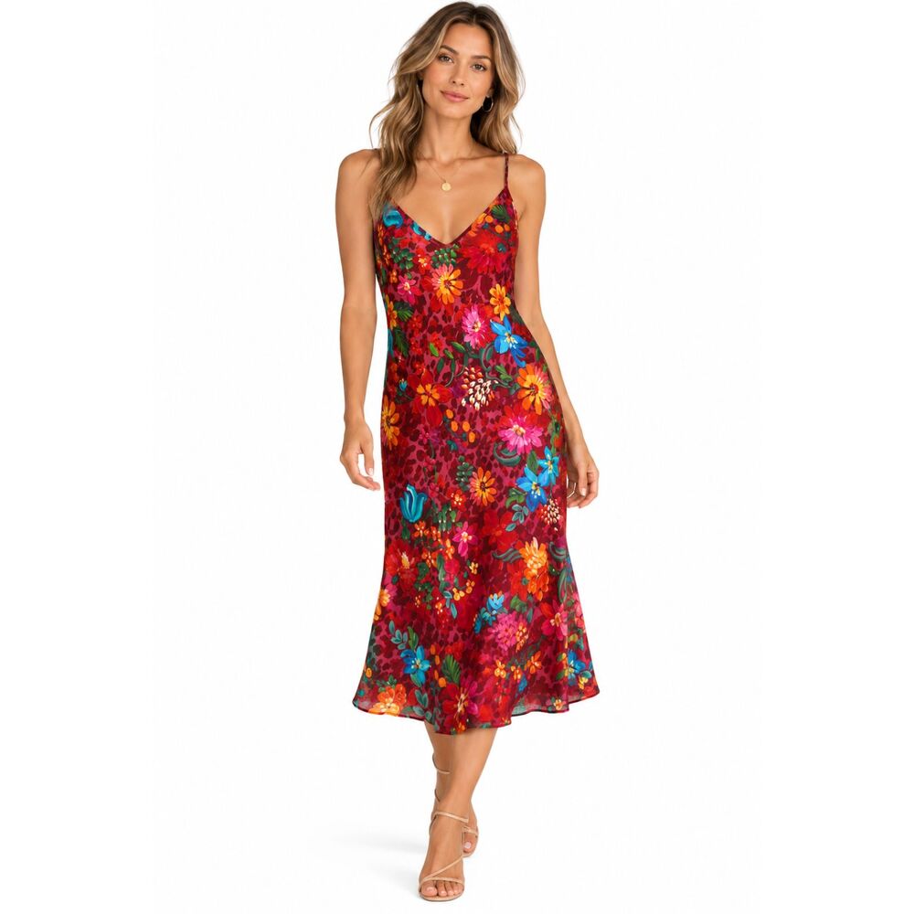 Johnny Was 100% Silk Floral Slip Brooklyn Dress Red Multicolor Medium